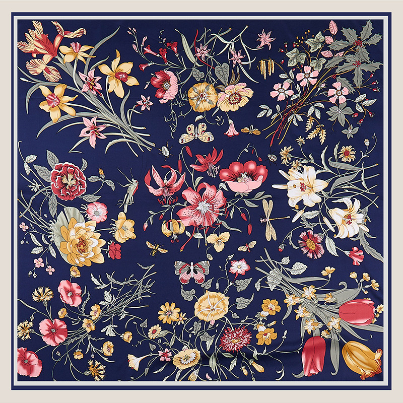 Scarf Silk Square - Pobing ツイルシルクスカーフ女性の花プリント正方形のスカーフ大バンダナ高級ハンカチヒジャーブスカーフ女性スカーフ 130 センチメートル