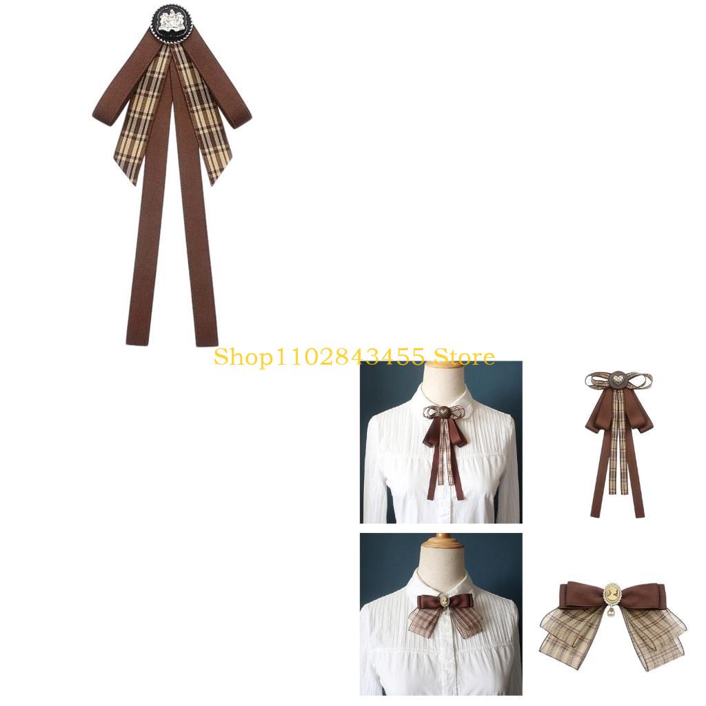 Bow Tie Pre Tied - 49MC 日本のリボン弓ネクタイブローチピン女性ガールヴィンテージブラウンチェック柄ボウタイ事前に結ばれたちょう結びコサージュセレモニーネクタイ
