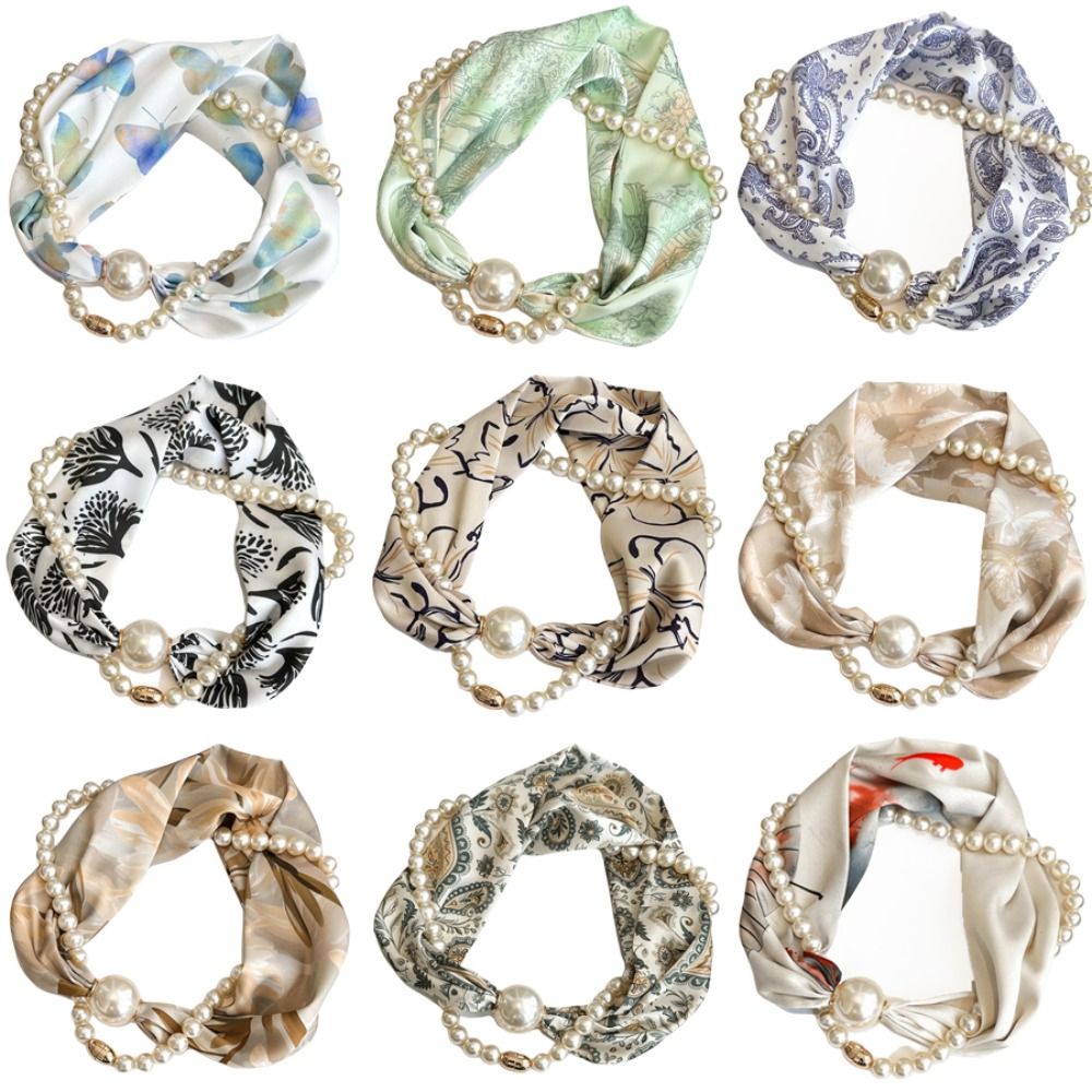 シルク素材の磁気パールスカーフ、小さなパール磁気バックル、細 - Ascot Neck Scarf のレビューと価格